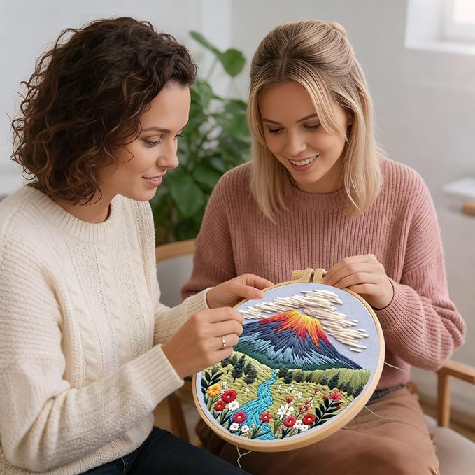 Embroidery Kit for Adults, Pre-Stamped Pattern Embroidery Kit for Beginners, DIY Hand Needlepoint Starter Kit with Hoop Thread Needle Instruction, 6.3'' Hoop (Nature Landscape 3 Packs)