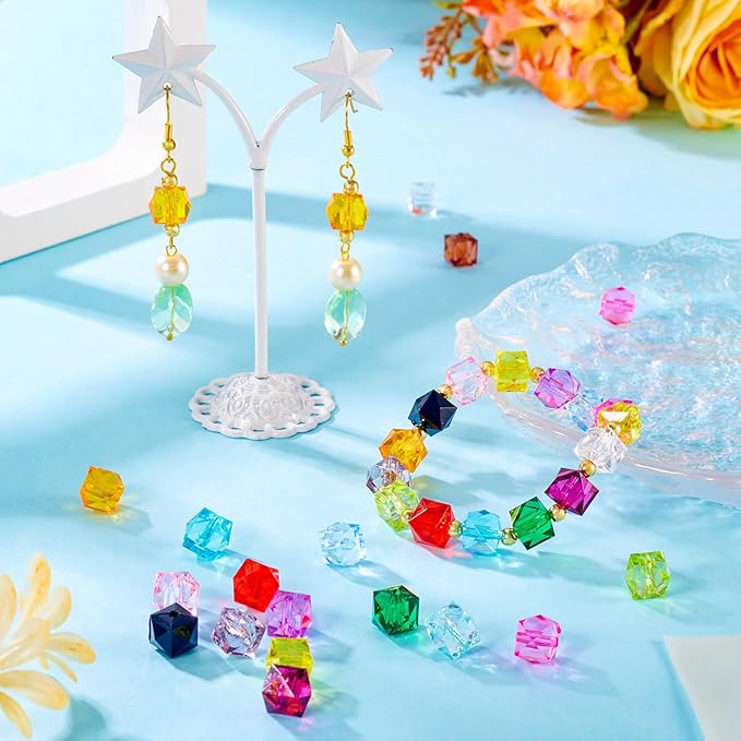 FASHEWELRY 160Pcs Clear Acrylic Cube Beads 10mm Square Crystal Beads Transparent Faceted Kandi Bead Colorful Cube Spacer Bead for Bracelets Necklace Earring DIY Jewelry Making