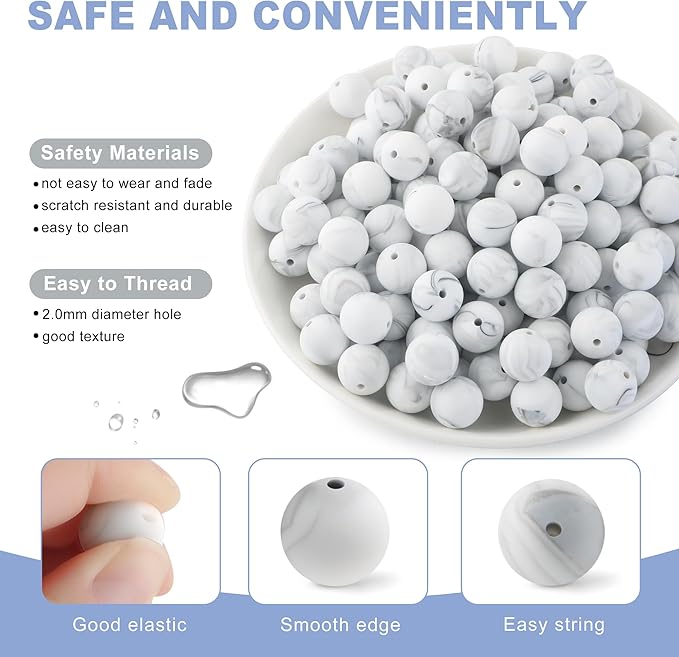 150Pcs 15mm Silicone Beads for Keychain Making Bracelet Necklace, Bulk Round Silicone Beads for Pens（Marble White）