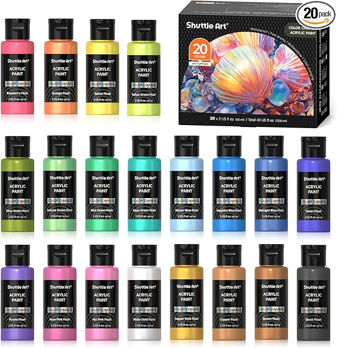 Shuttle Art Color Change Acrylic Paint, 20 Chameleon Colors Acrylic Paint, 60ml/2oz Bottles, Iridescent Colors for Artists, Beginners, Kids Painting & Crafting on Canvas, Rocks, Wood, Fabric, Ceramic