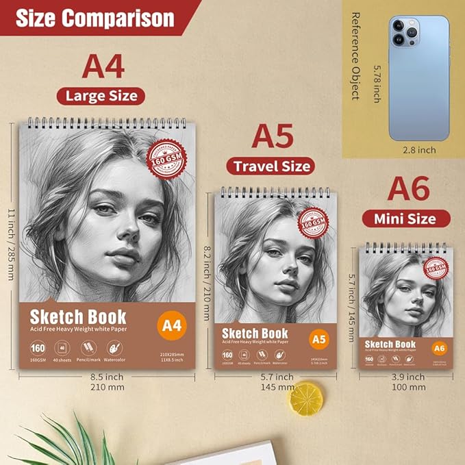 Thickened Mixed Media Sketchbook - Three Different Sizes, Drawing Paper Pad-108lb/160gsm, (Character Sketch, Gift Set （A4+A5+A6)