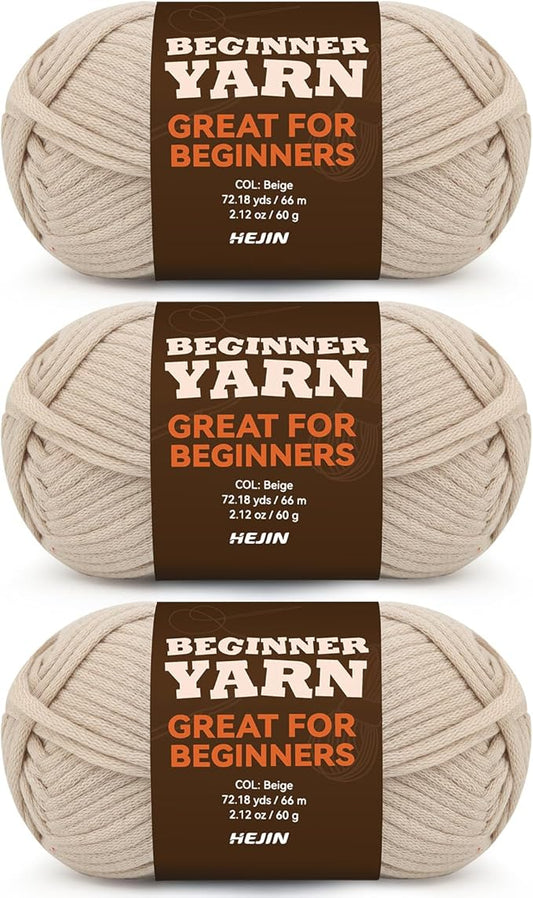 3x60g Beige Yarn for Crocheting and Knitting;3x66m (72yds) Cotton Yarn for Beginners with Easy-to-See Stitches;Worsted-Weight Medium #4;Cotton-Nylon Blend Yarn for Beginners Crochet Kit Making