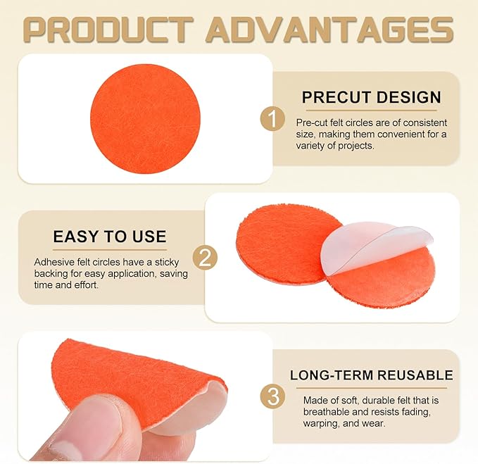 uxcell 100 Pcs Adhesive Felt Circles, 1.5" Round Non-Woven Felt Pads Stickers Dots Pre Cut for DIY Crafts Sewing Handcraft Costume Holiday Decoration, Orange