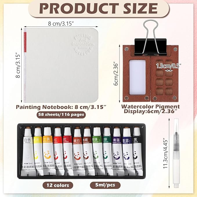 12 Set Mini Watercolor Paint Set Paint Palette Travel Kit Pocket Artist Watercolor Travel Kit with Wooden Grid Palette Box Sketchbook Brush Pens Paints Clips for Beginners Artists Painters