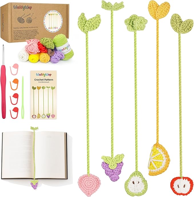 WaldyWop Crochet Kit for Beginners: 5 PCS Fruit Bookmarks Crochet Kits w/ 40% Extra Yarn, Accessories - Easy Video Tutorials & Instructions for Starter Adults - DIY Christmas Gift Set for Her Women