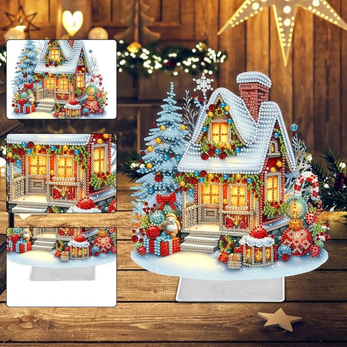 LAKEQUILL Christmas Diamond Painting Kits, Tabletop Ornament, Stand Up Diamond Art Desktop Kits for Home Office Decor, New Year Gift - Snow House