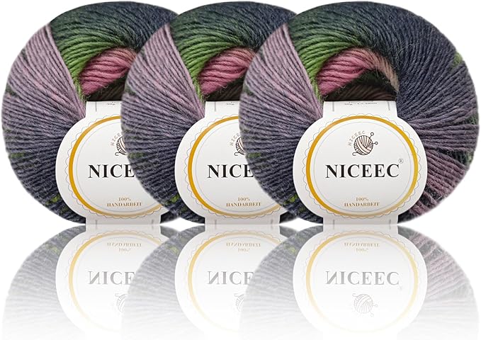 NICEEC 3 Skeins Rainbow Soft Yarn 100% Wool Gradient Multi Color Yarn for Crocheting Knit Total Length 180m×3(196yds×3,50g×3)-7#