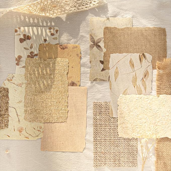 84 Sheets Small Textured Scrapbook Paper and 3D Embossed Collage Paper, Handmade Leaf Fiber Deckled Edge Paper for Junk Journal Supplies, Mixed Media, Card Making, DIY Craft Art
