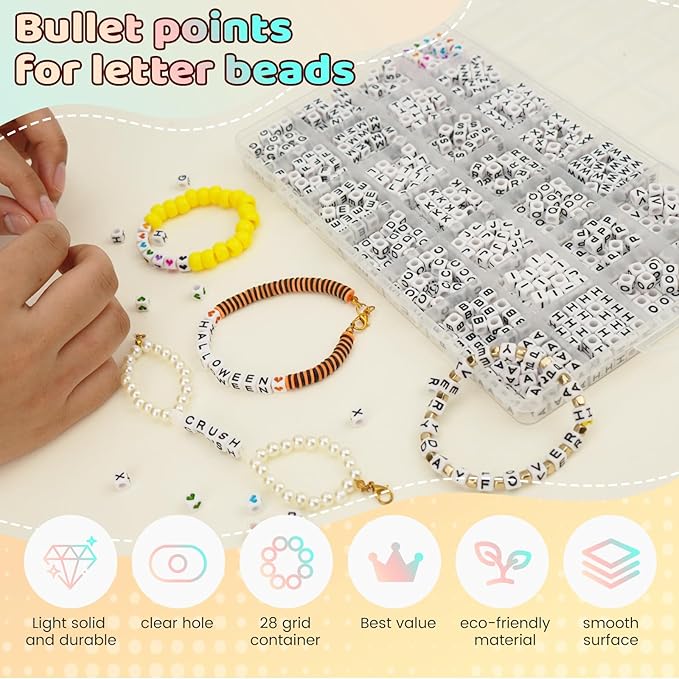 1400 Pcs Letter Beads Kit, 28 Styles White Acrylic Alphabet Beads Letter Beads for Jewelry Making wiht Number Beads Heart Beads Friendship Bracelet Kit