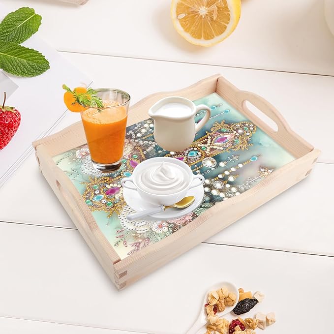 AiYuanzsh DIY Diamond Art Tray with Handle Diamond Art Painting Plate Creative Design Handmade Wooden Tray Mosaic Making Kits by Number Kits Diamond Art for Coffee Living Room Home Organizer