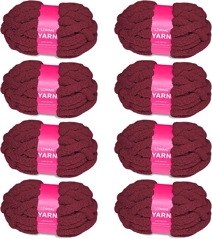 Chunky Yarn for Hand Knitting and Blankets – Super Soft Jumbo Chenille Yarn Pack for Crocheting, Bulky DIY Projects, 8 Skeins(Wine Red)