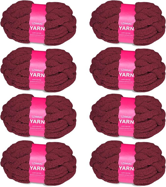 Chunky Yarn for Hand Knitting and Blankets – Super Soft Jumbo Chenille Yarn Pack for Crocheting, Bulky DIY Projects, 8 Skeins(Wine Red)