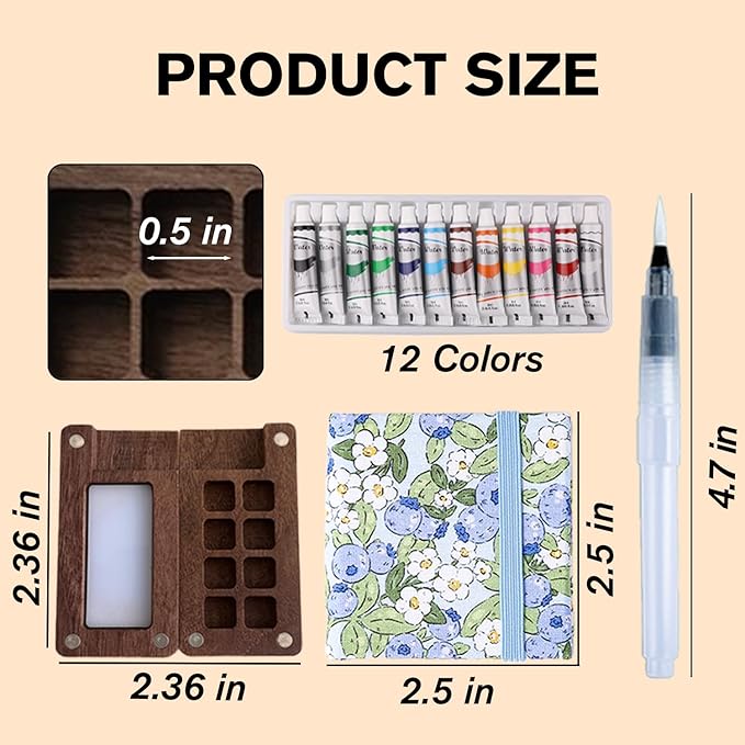 Aimery Mini Watercolor Paint Travel Set, Portable Small Miniature Pocket Water Color Painting Kit with Wooden Palette & Sketchbook(Blueberry)