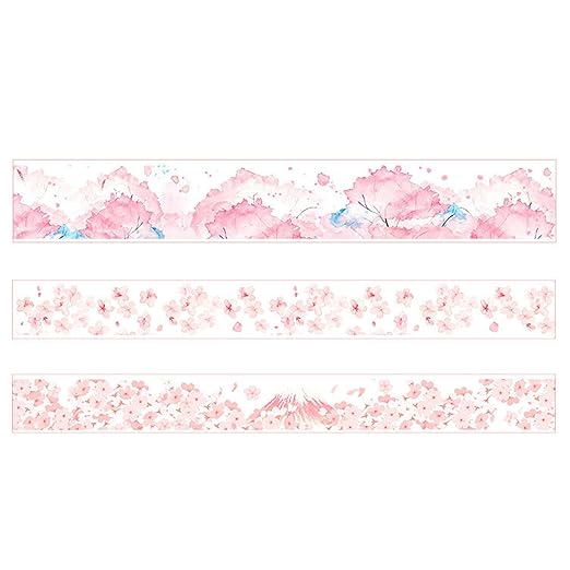 YUBBAEX Cute Printed Washi Tape 3 Rolls Japanese-Style Masking Tape Set Decorative for Arts, DIY Crafts, Journal Supplies, Planners, Scrapbook, Card/Gift Wrapping (Cherry Blossoms (Wide))