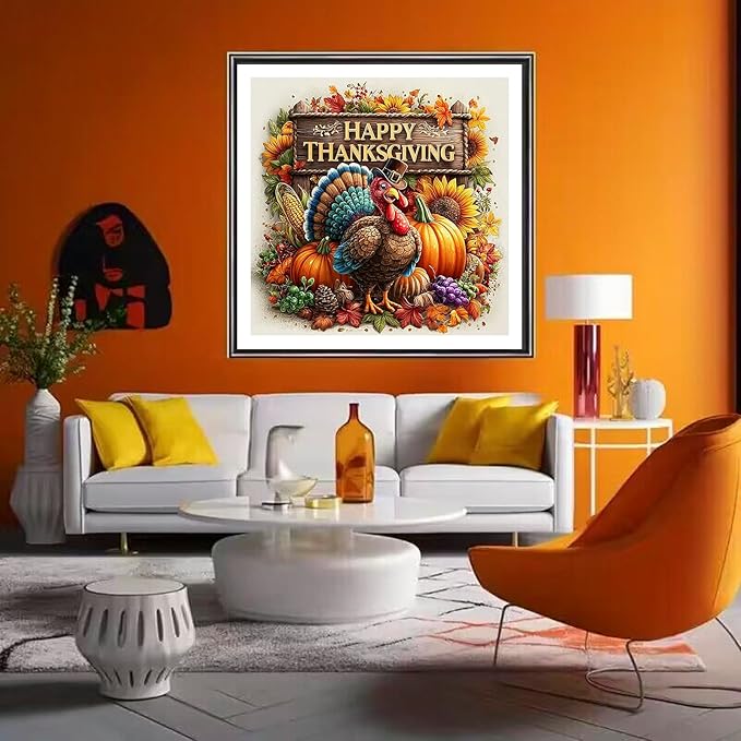 DIYDECORFUN Thanksgiving Turkey Diamond Painting Kits for Adults, 5D Fall Diamond Art Kits for Beginners, Full Round Drill Diamond Dot Painting Gem Art Kits,Home Wall Decor 13.8x13.8 Inch