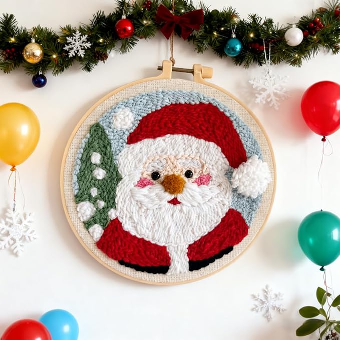 DIY Punch Needle Kits for Beginners Santa Claus with Hoop Punch Needle Starter Craft Embroidery Set Easy for Adults and Children Festival Gift and Decoration 20x20cm-9