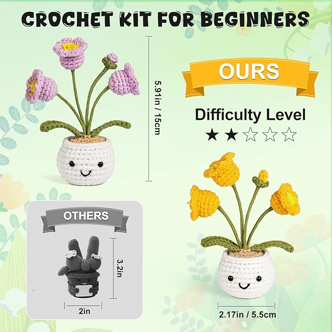 Totiro Crochet Kit for Beginners, Potted Flower Amigurumi Starter Kit, Easy DIY Arts & Craft Set with Step-by-Step Video Tutorials, Crochet Pattern Learning Kit for Teens Adults Birthday Gift
