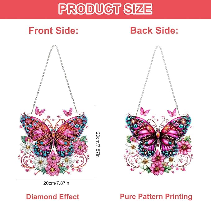 QENSPE Diamond Art Hanging Kits for Adults, 5D Pink Butterfly Special Shape Diamond Paingting Ornaments Kits with Chain, DIY Flowers Crystal Window Pendants for Home Wall Decor Double Sided 8X8 inch