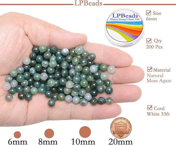 LPBeads 200Pcs Polished 6mm Round Natural Moss Agate Gemstone Loose Beads with Stretch Cord for Jewelry Making Bracelets