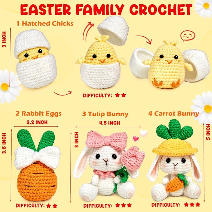 MAGIMUSE Crochet Kit for Beginners, Crochet Starter Kits for Adults Amigurumi Craft Knitting Crochet Animals Kits w Step-by-Step Video Tutorials, Easter Bunny/Chick/Eggs(40%+ Yarn)