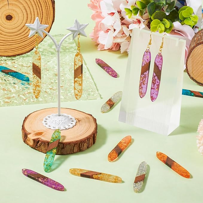 Beadthoven Transparent Long Oval Big Pendants for Jewelry Making, 12Pcs/6 Pairs Horse Eye Bar Natural Wood Charms Glittery Crystal Pendants for Women Wood Earrings Necklace Making DIY Crafts Supplies