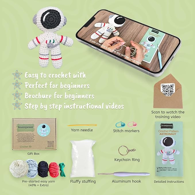 Astronaut Crochet Kit for Beginners, Amigurumi Crocheting Kit with Step by Step Video Tutorial, Crochet Kits for Adults & Kids, Easy to Learn for Ideal Christmas Gift for Adults, Extra%40 Yarn