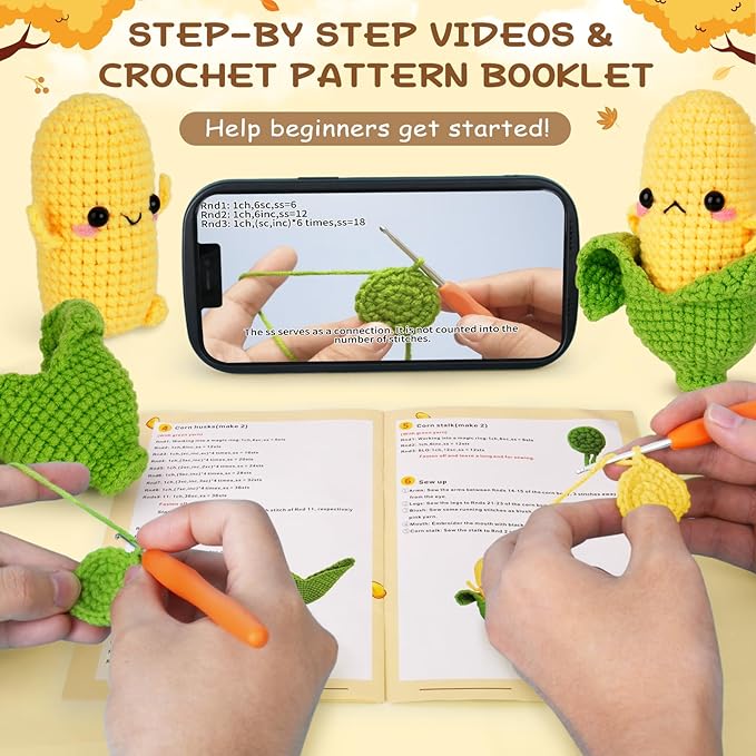 Crochetta Crochet Kit for Beginners - Crochet Starter Kit with Step-by-Step Video Tutorials, Learn to Crochet Kits for Adults, DIY Knitting Supplies, 2 Pcs Corn(40%+ Yarn)
