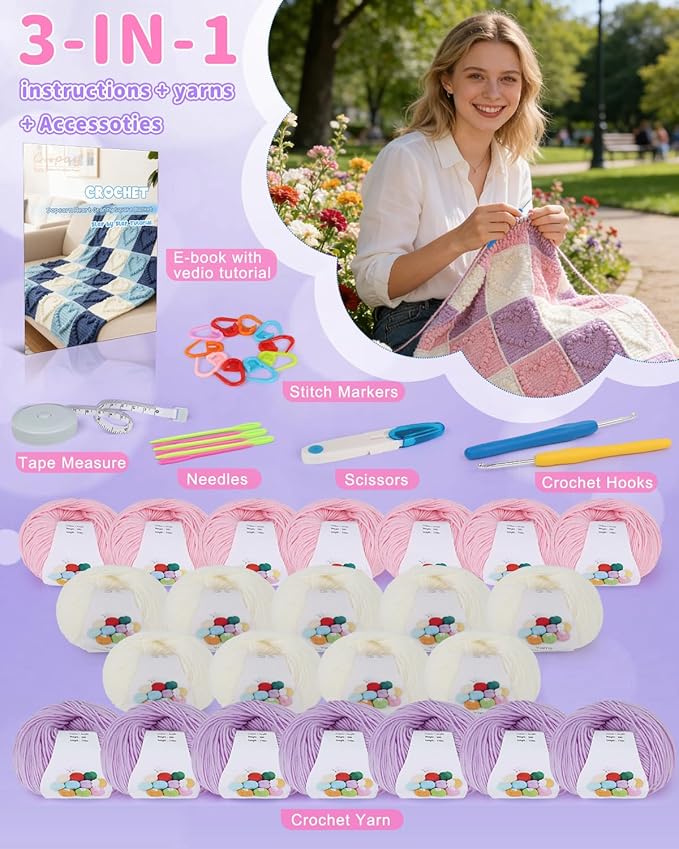 Coopay Crochet Blanket Kit for Beginners - 3D Love Granny Square Crochet Kit with Step-by-Step Video & Enough Yarns, Easy Bobble Blanket Kits for Adults, Ideal Gift for Craft Lovers (Pinkish-Purple)
