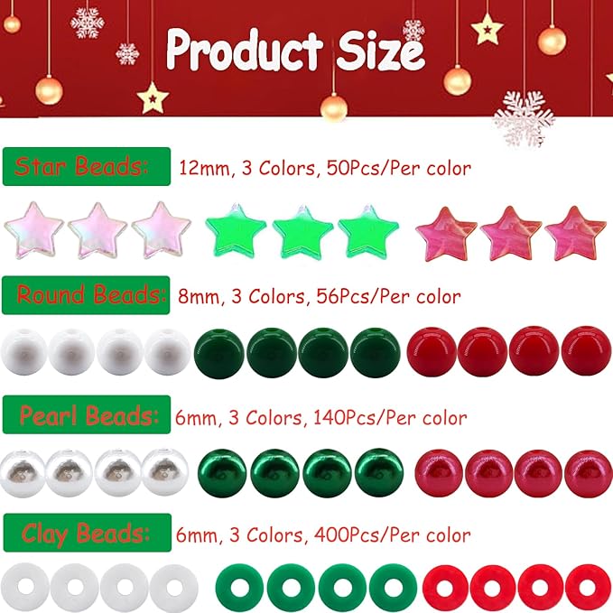 1938Pcs Christmas Beads for Jewelry Making, Red Green White Christmas Bracelet Making Kit Star Beads Polymer Clay Beads Heishi Beads 6mm Pearl Beads 8mm Acrylic Round Beads for Adult Craft Necklace