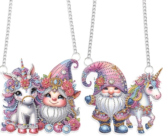 JISHSHAY 2 PCS Diamond Painting Pendant Gnome Dwarf Unicorn Diamond Art Wind Chimes Special Shaped Crystal Suncatcher Diamond Art Ornaments Diamond Painting Hanging for Garden Wall Door Window Decor