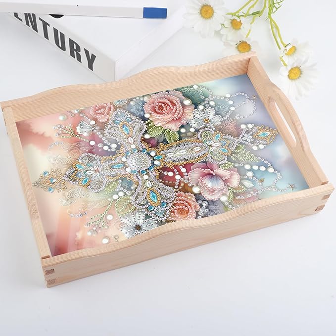 5D Diamond Art Tray with Handle for Adults DIY Diamond Art Plate Kits Flowers and Cross Picture Diamond Art Painting Dinner Plate for Coffee Living Room Home Organizer Parties Family Gatherings
