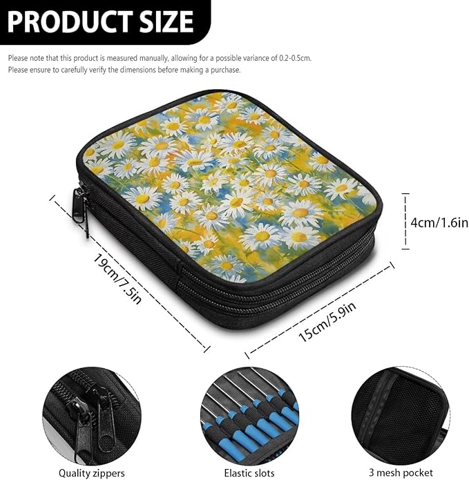Hechitok Daisy Print Crochet Hook Case Zipper Storage Organizer Bag with Pockets for Various Crochet Needles/Knitting Accessories/Crochet Hook Kit Tools