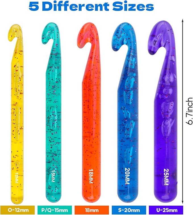 BsHooker 43Pcs Crochet Hooks Set,Plastic Crystal Crochet Hook with Case,5 Sizes Large Crochet Hooks for Chunky Yarn Ergonomic Crochet Needles for Beginners and Crocheting Yarn,12mm-25mm