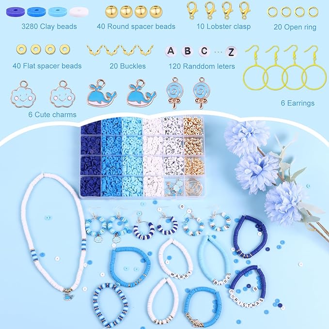 Wuollgess 3500 PCS Valentines Blue Clay Beads for Bracelet Making Kit, Polymer Heishi Beads for Jewelry Making Friendship Bracelet Kit for Adults, Spacer Letter Beads for Necklace Earring DIY