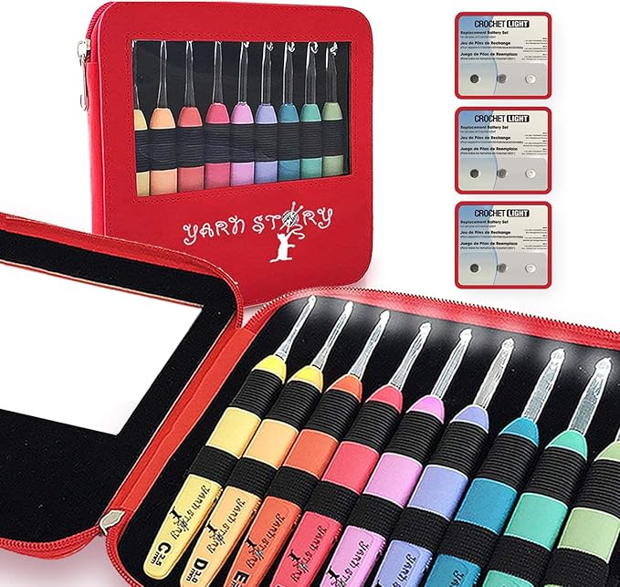 Yarn Story™ Light Up Crochet Hook Set 9/pkg - 9 Pcs Lighted Crochet Hooks Complete Set with 9 Extra Batteries - LED Lighted Crochet Hook Kit - Lite Crochet Set Sizes 2.5 to 6.5mm (Red with Batteries)