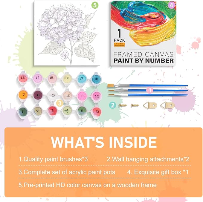 Framed Paint by Numbers Kit for Adults Beginners & Kids Ages 8-12, Flowers Acrylic Easy Paint by Number with Frame, Watercolor Paint by Number Kits on Canvas Framed (10 * 10 Inch, without Easel)
