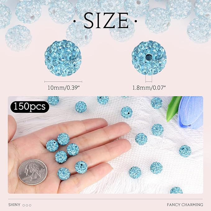 150 pcs 10mm Rhinestone Beads for Jewelry Making, Aquamarine Shiny Round Shamballa Disco Beads Bulk, Sparkle Crystal Clay Christmas for Bracelet Baseball Necklace Earring Crafting and DIY