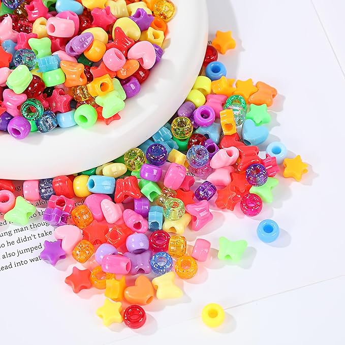 1000PCS Pony Assorted Beads for Bracelets,9mm Acrylic Beads Bulk with Cute Heart Star Butterfly Assorted Shaped for Braid Keychain Charms for Bracelet Necklace Jewelry Making Supplies