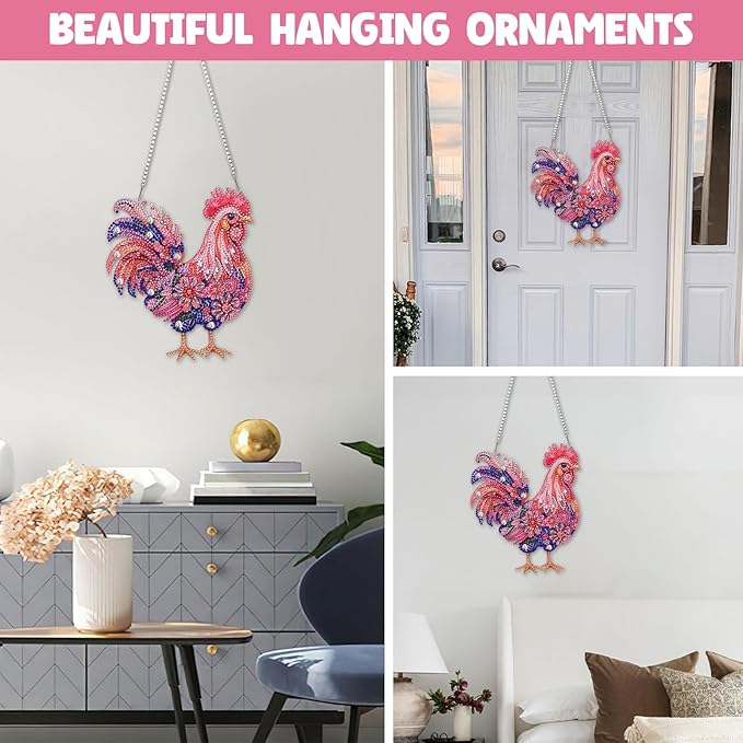 NAIMOER Diamond Art Hanging Kits for Adults Chicken 5D Special Shaped Rhinestone, DIY Acrylic Diamond Art Painting Window Pendants Home Garden Wall Hanging Ornament Kits, Double Sided