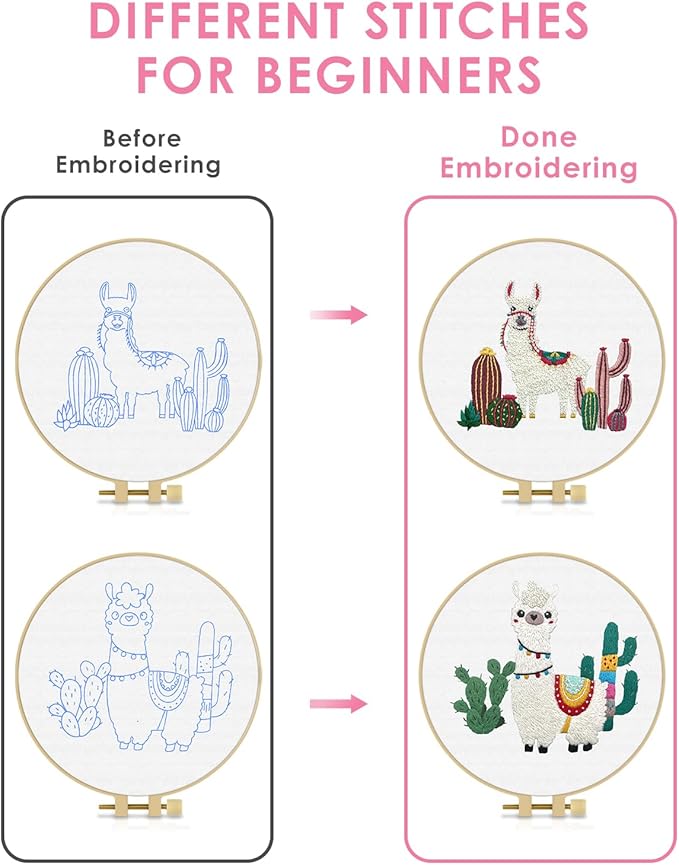 TINDTOP 2 Pack Embroidery Kit for Adult Beginners, Embroidery DIY Starter Kit, with Alpaca Stamped Patterns, Hoop, Tools, Colorful Threads with Needles, Instructions