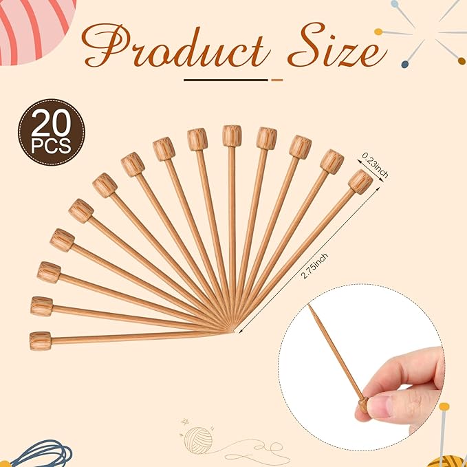 Luinabio 20 Pcs Bamboo Crochet Marking Pins Smooth Single Pointed Knitting Needles 2.75 Inch Mini Pins Knitting Accessories for Beginners DIY Craft Making Crochet Supplies (Nut Brown)
