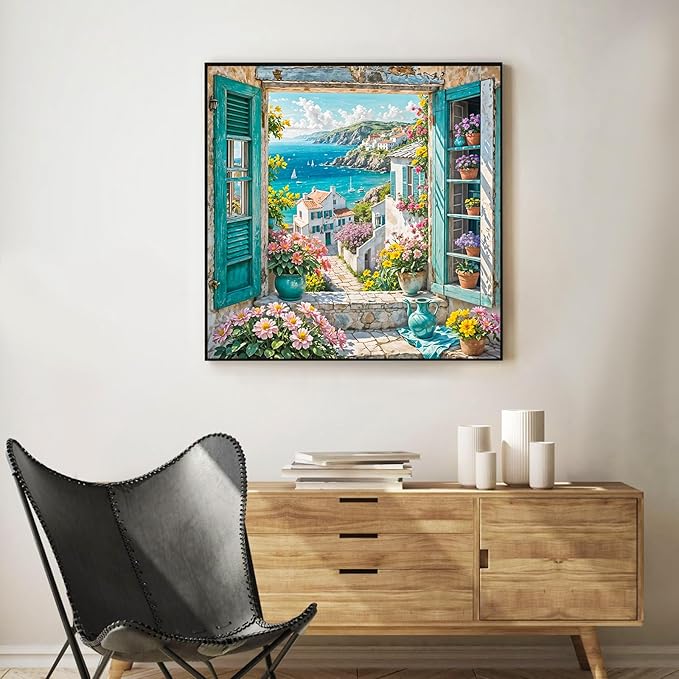 Paint by Numbers Kit for Adults Beginner Seaside Scenery, Adult Paint by Number Kits on Canvas, Window Landscape DIY Acrylic Oil Painting by Numbers for Adults, Perfect for Home Wall Decor 16X16 Inch