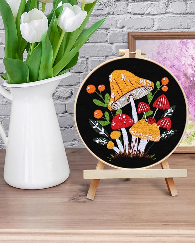 ERKOON Embroidery Kit for Beginners, Flower Cross Stitch Set for Include Embroidery Cloth Hoops Threads for Craft Lover Hand Stitch with Embroidery Skill Techniques (Mushroom)