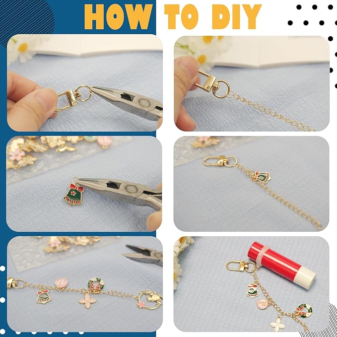 LEIOSAGN 474Pcs Lip Gloss Keychain Jewelry Making Kit with 20 Keychain Clips, 20 Extender Chains, 20 Silicone Rings, 152 Mixed Charms, Jump Rings, Plier, Resealable Pouch Bags, DIY Craft Supplies