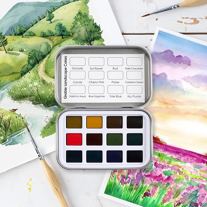 Grabie Pocket Watercolor Set of 12, Travel Watercolor Paint Set, Watercolor Paints, Art Supplies for Painting, Great Watercolor Set for Artists, Amateur Hobbyists and Painting (Landscape Colors)