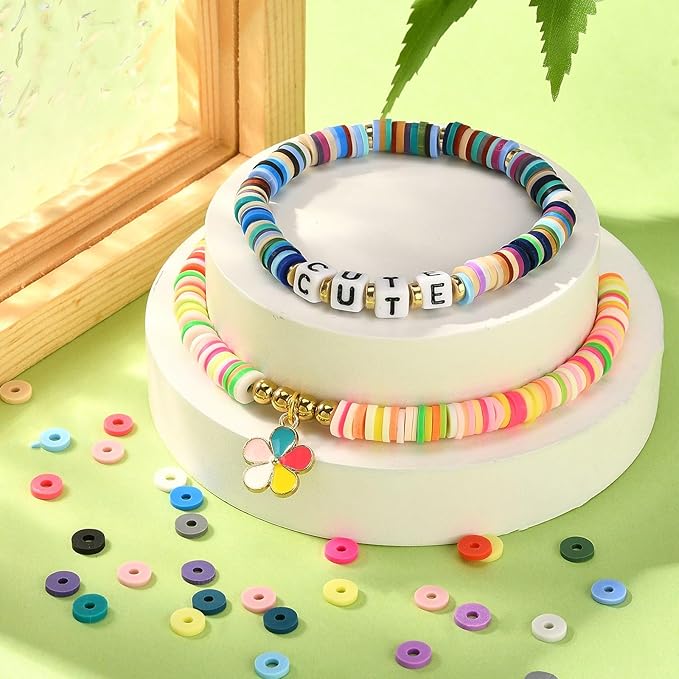 Echoed Elegance Clay Beads 2 Boxes Bracelet Making Kit, 7448 pcs Beads for Jewelry Making, Round Letter Beads with Charm and Elastic Strings, Friendship Bracelets Holiday Gifts for Girls Adults