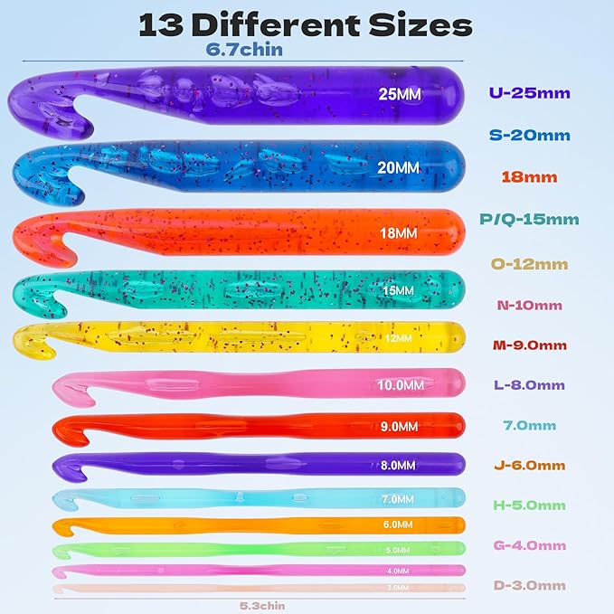 BsHooker 13 Size Crochet Hooks Set,Plastic Crystal Crochet Hook with Case,Large Crochet Hooks for Chunky Yarn Ergonomic Knitting Needles Crochet Needle for Beginners and Crocheting Yarn,3.0mm -25mm