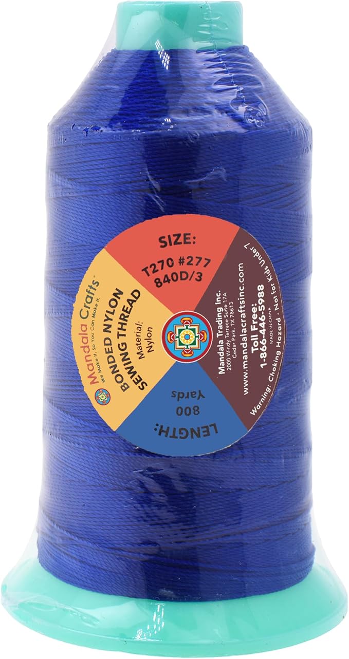 Mandala Crafts Size 277 840D T270 Bonded Nylon Thread - Royal Blue 800 YDs Tex 270 Heavy Duty Sewing Threads for Leather, Jeans, Weaving, Outdoor Marine Upholstery