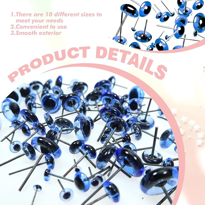 TOAOB 100pcs Blue Glass Eyes Kits 3mm to 12mm Assorted Sizes for Crafts Needle Felting Decoys Sewing