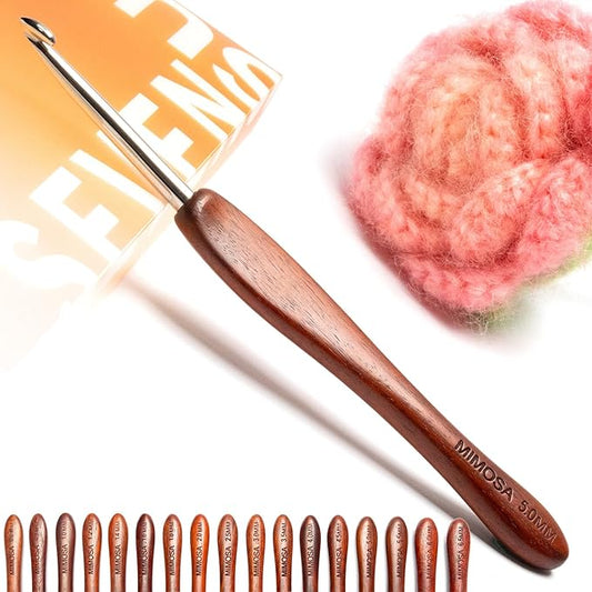 SEVENSUN Mimosa 5mm Single Crochet Hook, Available in 0.6mm-6.5mm, Ergonomic Hand Polished Stainless Steel Inline Pointy Wood Handle Crochet Hook for Arthritic Hands, Mother's Day Gifts for Mom